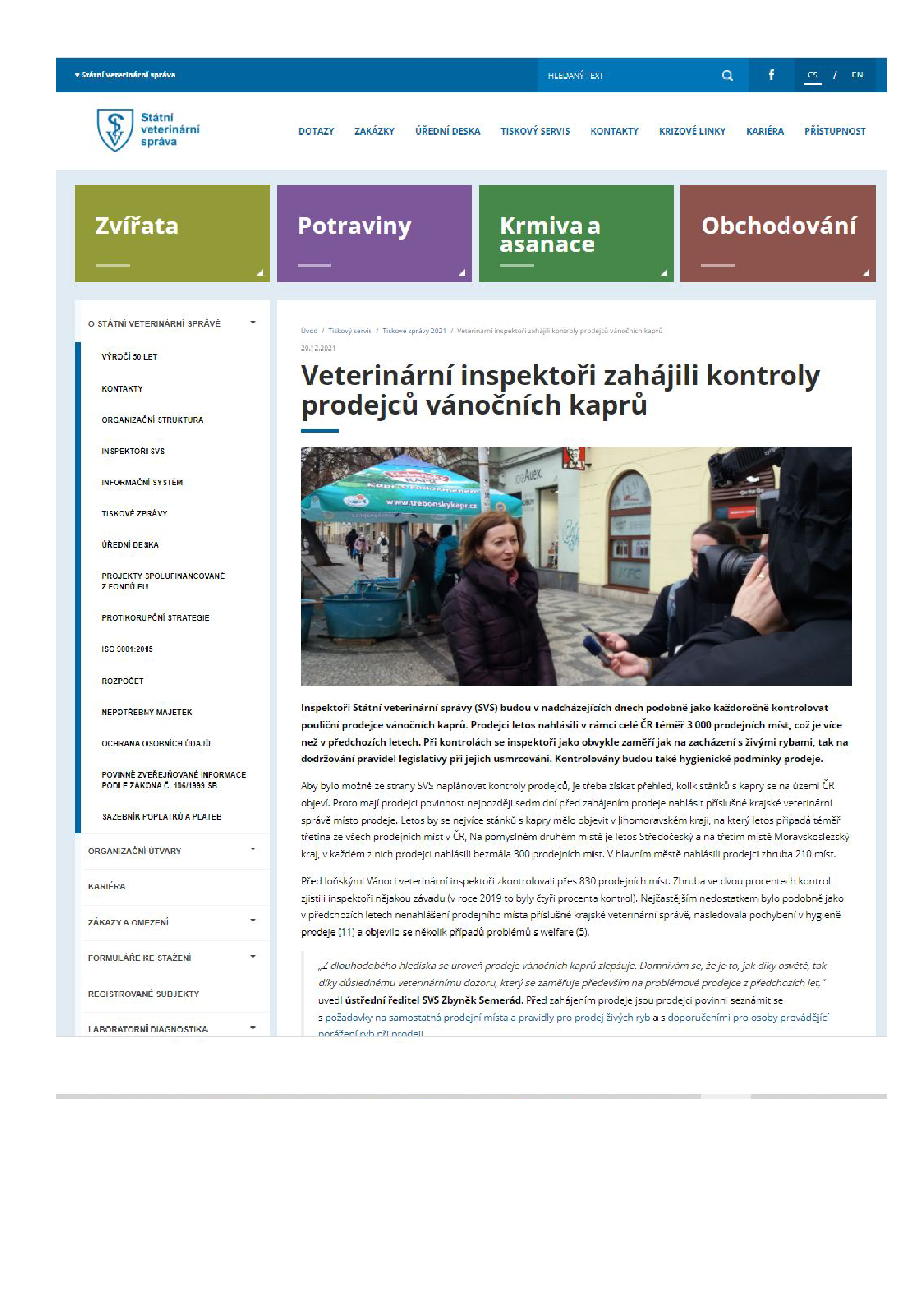 Veterinární inspektoři zahájili kontroly prodejců vánočních kaprů
