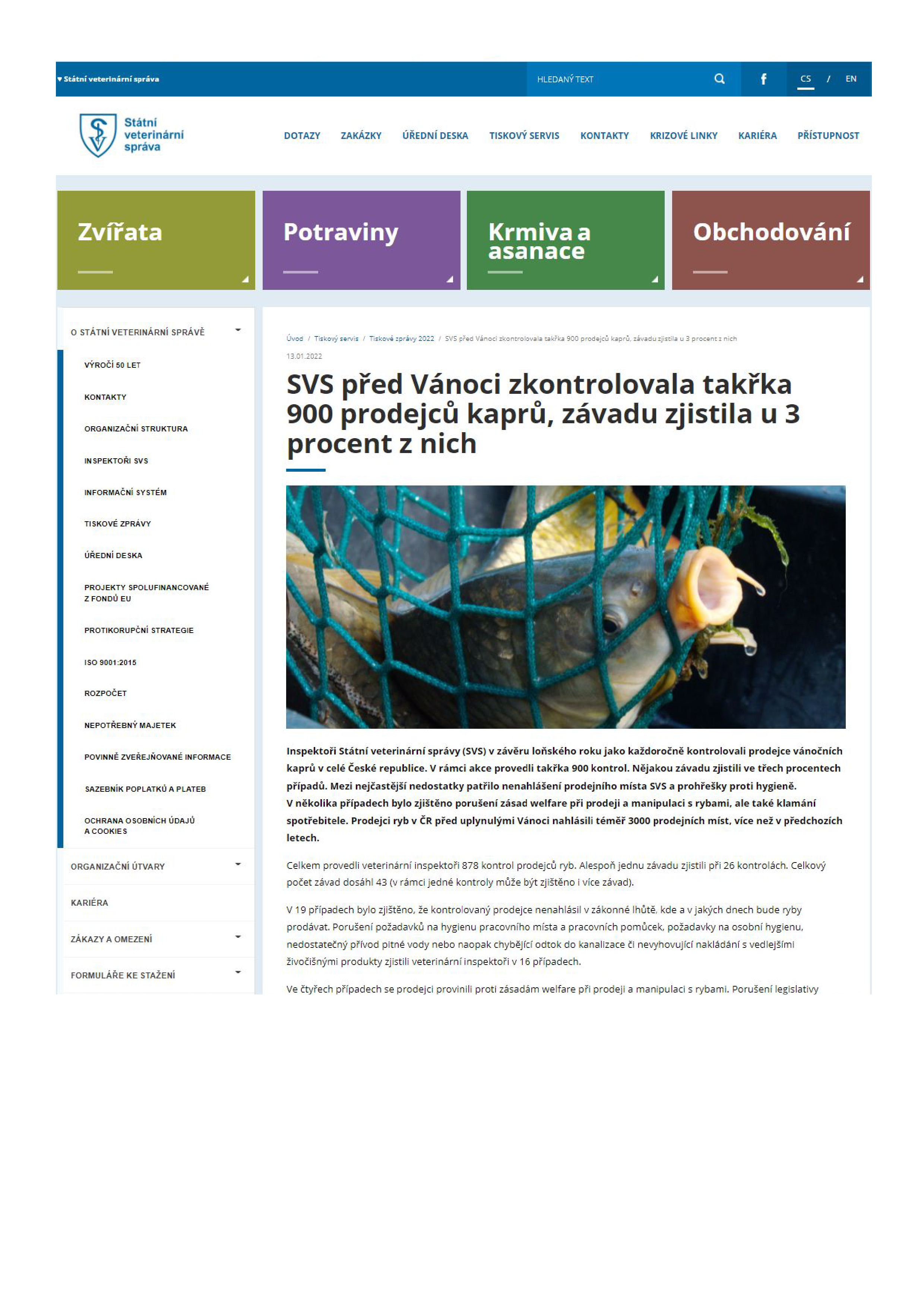 SVS před Vánoci zkontrolovala takřka 900 prodejců kaprů, závadu zjistila u 3 procent z nich