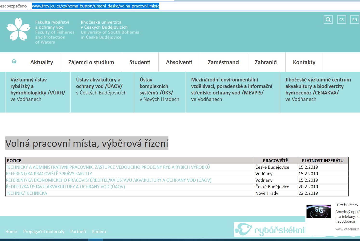 Volná pracovní místa, výběrová řízení na FROV JU